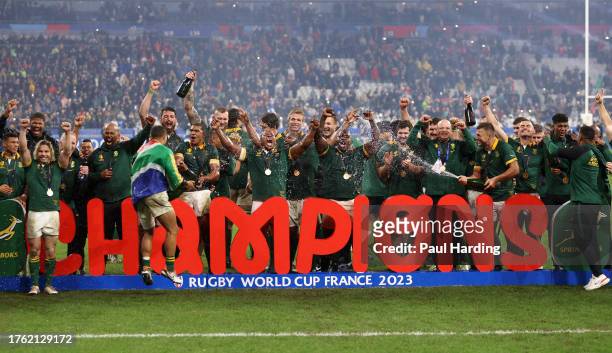 South Africa celebrates with the Webb Ellis Cup after winning the Rugby World Cup France 2023 Gold Final match between New Zealand and South Africa...