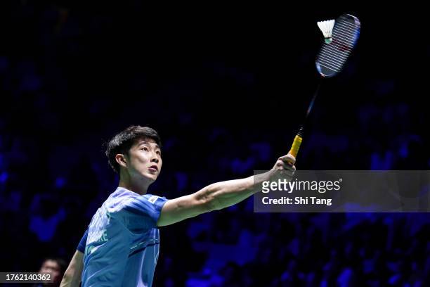 Loh Kean Yew of Singapore competes in the Men's Singles Semi-Finals match against Jonatan Christie of Indonesia during day five of the Yonex French...