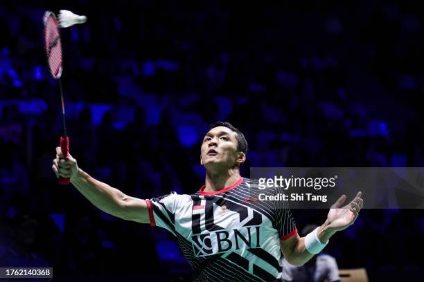Jonatan Christie of Indonesia competes in the Men's Singles Semi-Finals match against Loh Kean Yew of Singapore during day five of the Yonex French...