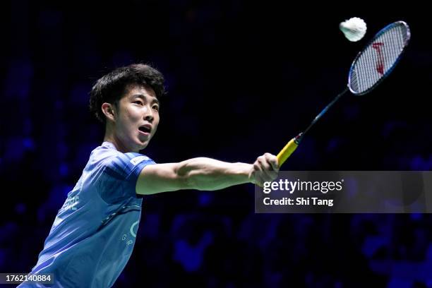 Loh Kean Yew of Singapore competes in the Men's Singles Semi-Finals match against Jonatan Christie of Indonesia during day five of the Yonex French...