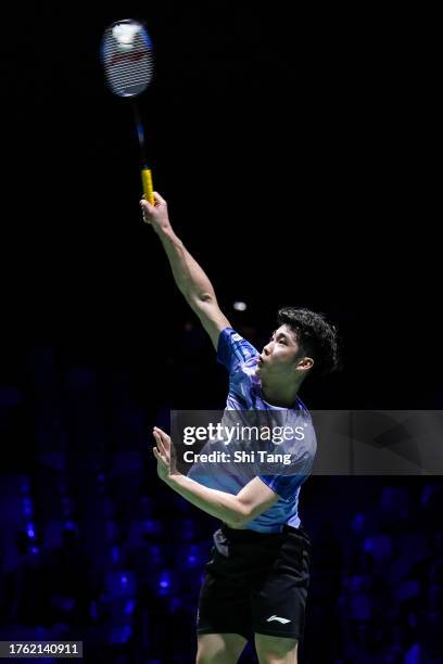 Loh Kean Yew of Singapore competes in the Men's Singles Semi-Finals match against Jonatan Christie of Indonesia during day five of the Yonex French...