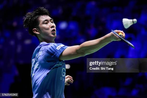 Loh Kean Yew of Singapore competes in the Men's Singles Semi-Finals match against Jonatan Christie of Indonesia during day five of the Yonex French...