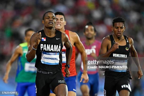 Panama's Chamar Abdul Chambers Gutierrez crosses the finish line in the men's 800m semifinal heat 3 of the Pan American Games Santiago 2023 at the...