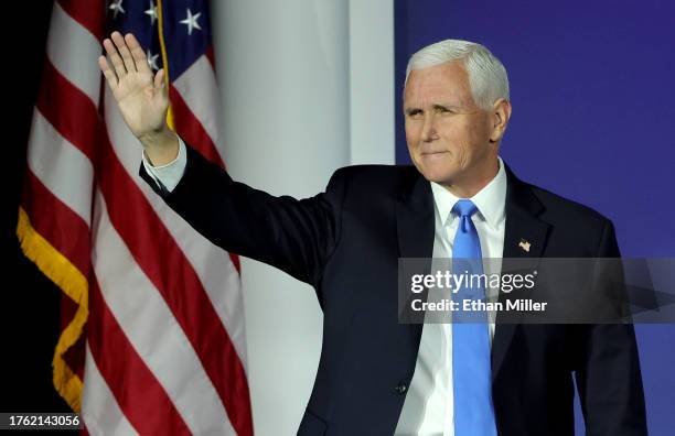 Republican presidential candidate former U.S. Vice President Mike Pence arrives at the Republican Jewish Coalition's Annual Leadership Summit at The...