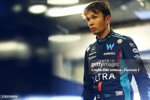 Fourteenth placed qualifier Alexander Albon of Thailand and Williams looks on in the FIA Garage during qualifying ahead of the F1 Grand Prix of...