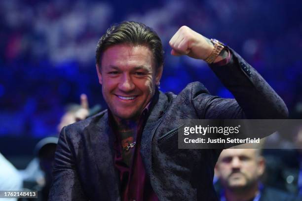 Conor McGregor pose for a photo from ringside prior to during the Heavyweight fight between Tyson Fury and Francis Ngannou at Boulevard Hall on...