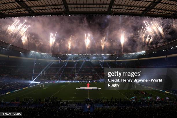 General view inside the stadium of the firework display following the trophy presentation after the Rugby World Cup Final match between New Zealand...