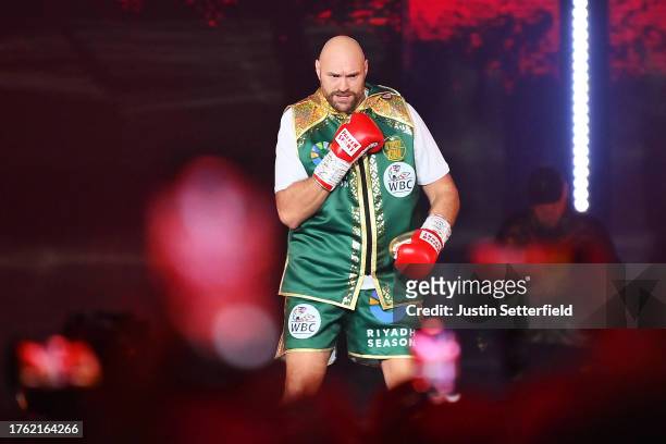 Tyson Fury walks to the ring prior to the Heavyweight fight between Tyson Fury and Francis Ngannou at Boulevard Hall on October 28, 2023 in Riyadh,...