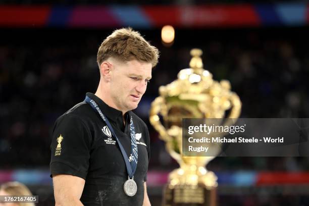 Jordie Barrett of New Zealand walks past The Webb Ellis Cup following the Rugby World Cup Final match between New Zealand and South Africa at Stade...