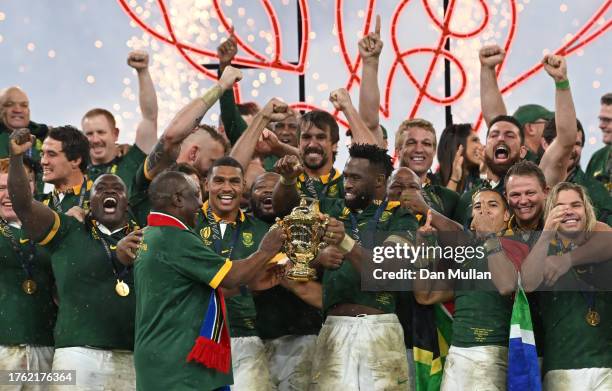 Cyril Ramaphosa, President of South Africa, and Siya Kolisi of South Africa lifts The Webb Ellis Cup with Cyril Ramaphosa, President of South Africa,...