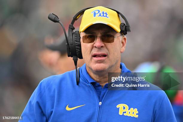 Head coach Pat Narduzzi of the Pittsburgh Panthers looks on during the first half against the Notre Dame Fighting Irish at Notre Dame Stadium on...