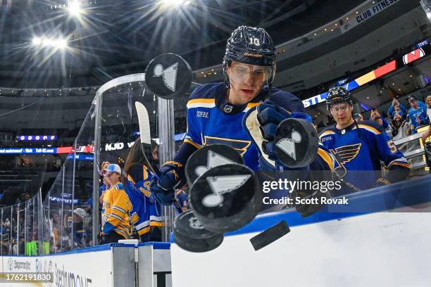 Brayden Schenn of the St. Louis Blues before warmups against the New Jersey Devils on November 3, 2023 at the Enterprise Center in St. Louis,...