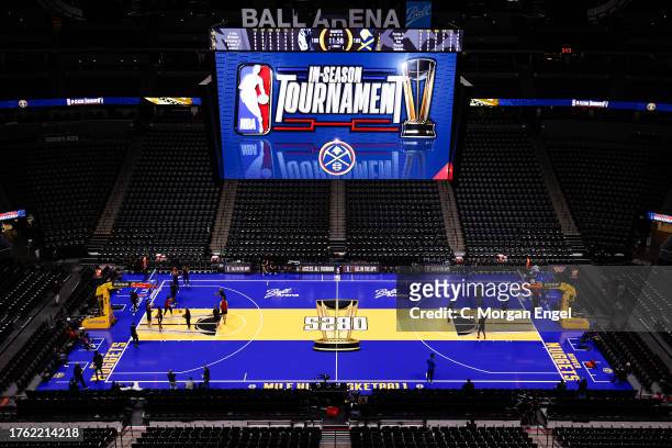 General view of the court is seen before the game between the Denver Nuggets and the Dallas Mavericks during the NBA In-Season Tournament at Ball...