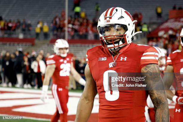 Braelon Allen of the Wisconsin Badgers warms up prior to the game against the Ohio State Buckeyes at Camp Randall Stadium on October 28, 2023 in...