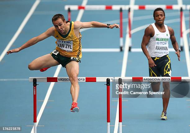 Van Zyl of South Africa competes in the Men's 400 metres hurdles heats during Day Three of the 14th IAAF World Athletics Championships Moscow 2013 at...