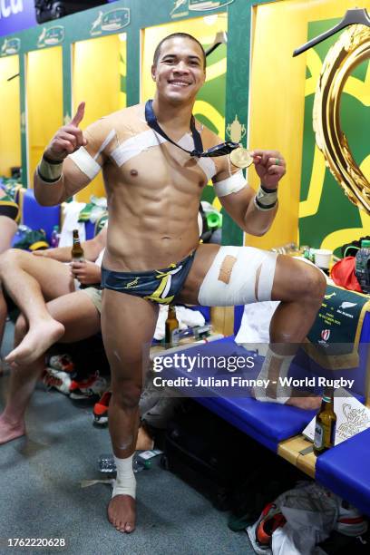 Cheslin Kolbe of South Africa poses for a photo in his underwear inside the dressing room following the Rugby World Cup Final match between New...