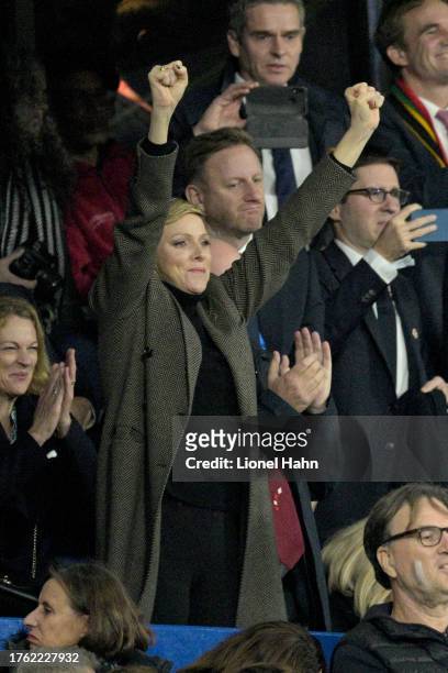 Charlene, Princess of Monaco celebrates South Africa victory at the Rugby World Cup Final match between New Zealand and South Africa at Stade de...