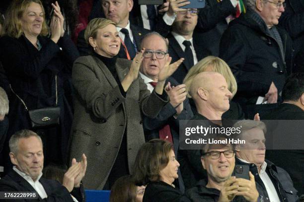 Charlene, Princess of Monaco celebrates South Africa victory with her husband Prince Albert II of Monaco at the Rugby World Cup Final match between...