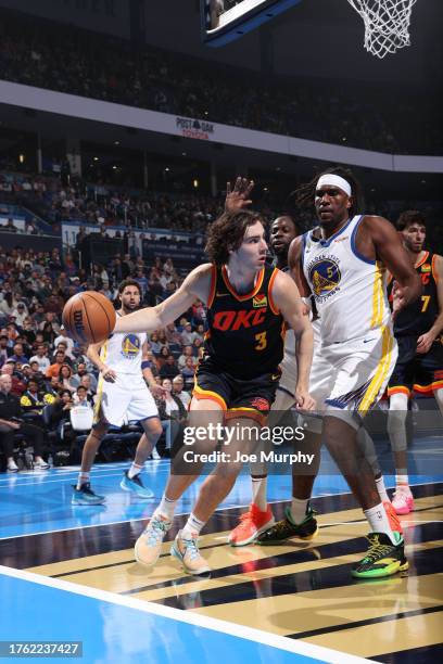 Josh Giddey of the Oklahoma City Thunder dribbles the ball during the game against the Golden State Warriors during the In-Season Tournament on...