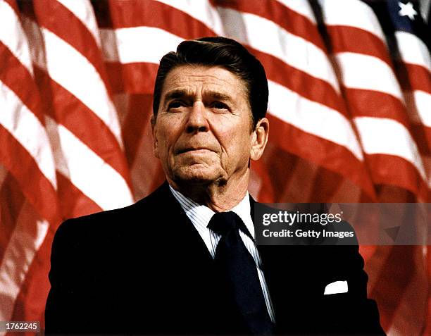 Former U.S. President Ronald Reagan speaks at a rally for Senator Durenberger February 8, 1982. Reagan turns 92 on February 6, 2003.