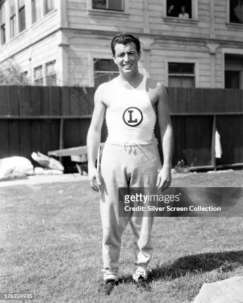 American actor Robert Taylor in track suit bottoms and a sports vest, circa 1935.