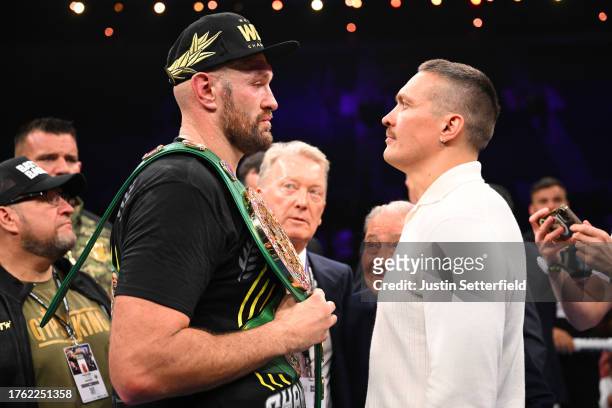 Tyson Fury and Oleksandr Usyk face off after the Heavyweight fight between Tyson Fury and Francis Ngannou at Boulevard Hall on October 28, 2023 in...