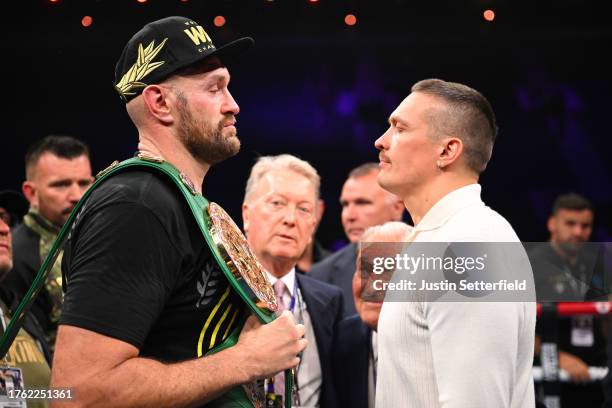 Tyson Fury and Oleksandr Usyk face off after the Heavyweight fight between Tyson Fury and Francis Ngannou at Boulevard Hall on October 28, 2023 in...