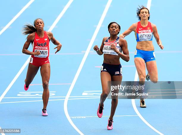 Lashinda Demus of the United States, Perri Shakes-Drayton of Great Britain and Natalya Antyukh of Russia competes in the Women's 400 metres hurdles...