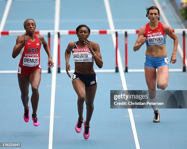 Lashinda Demus of the United States, Perri Shakes-Drayton of Great Britain and Natalya Antyukh of Russia competes in the Women's 400 metres hurdles...