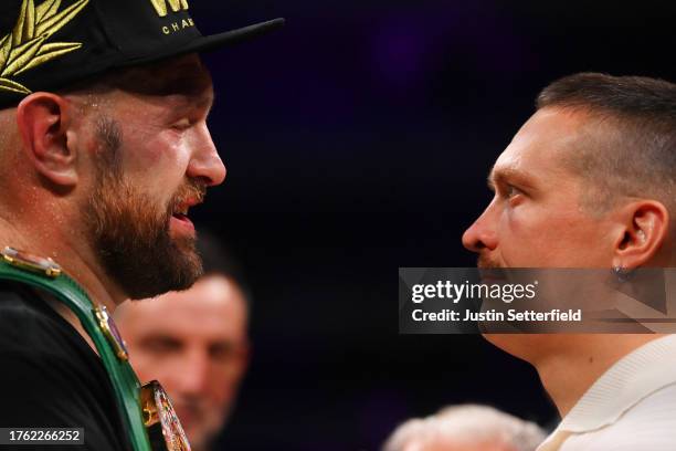 Tyson Fury and Oleksandr Usyk face off after the Heavyweight fight between Tyson Fury and Francis Ngannou at Boulevard Hall on October 28, 2023 in...