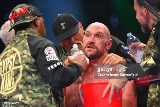 Tyson Fury reacts in-between rounds during the Heavyweight fight between Tyson Fury and Francis Ngannou at Boulevard Hall on October 28, 2023 in...
