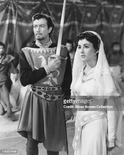 Robert Taylor as Sir Wilfred of Ivanhoe and Elizabeth Taylor as Rebecca in 'Ivanhoe', directed by Richard Thorpe, 1952.
