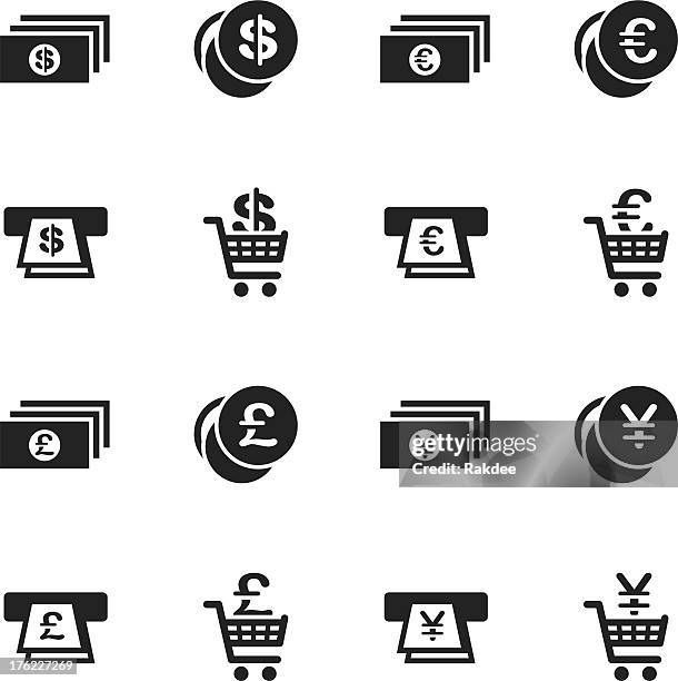 ilustraciones, imágenes clip art, dibujos animados e iconos de stock de símbolo monetario silueta de iconos-set 3 - cart icon