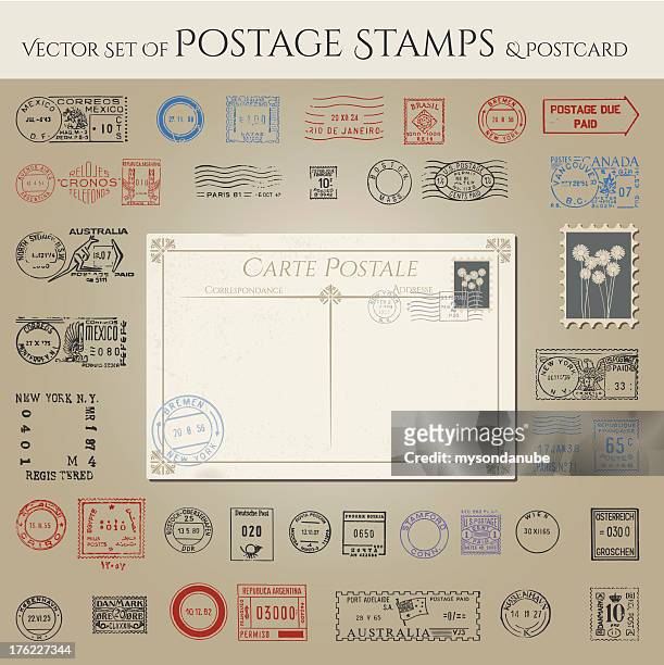 vektor-sammlung von briefmarken und postkarten - postcard stock-grafiken, -clipart, -cartoons und -symbole