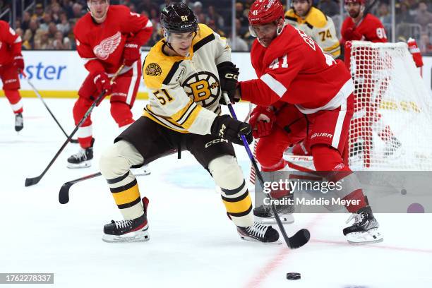 Matthew Poitras of the Boston Bruins and Shayne Gostisbehere of the Detroit Red Wings battle for control of the puck during the first period at TD...