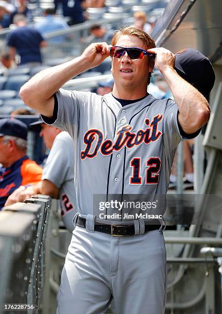 Andy Dirks of the Detroit Tigers looks on before a game against the New York Yankees at Yankee Stadium on August 11, 2013 in the Bronx borough of New...