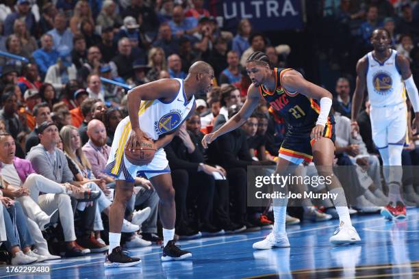 Chris Paul of the Golden State Warriors handles the ball during the game against the Oklahoma City Thunder during the In-Season Tournament on...