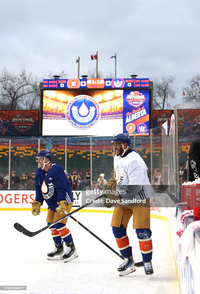 Edmonton Tim Derek Ryan and Evander Kane of the Edmonton Oilers laugh on the ice ...
