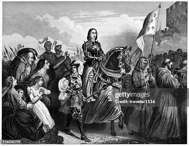 ilustraciones, imágenes clip art, dibujos animados e iconos de stock de joan de arco de ingresar orleans - batalla
