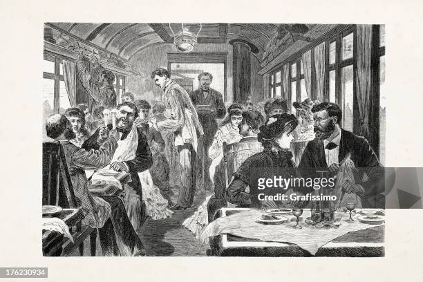 berlin, deutschland menschen essen im restaurant zug 1881 - schwarzweiß bild berlin stock-grafiken, -clipart, -cartoons und -symbole