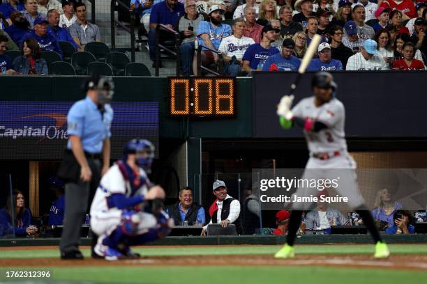 General view of the pitch clock as Geraldo Perdomo of the Arizona Diamondbacks bats in the third inning against the Texas Rangers during Game Two of...