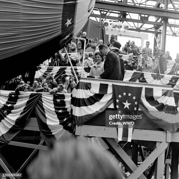 First Lady of the United States Jacqueline Kennedy christening the USS Lafayette at Groton, Connecticut.