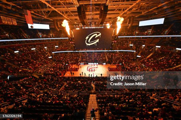 General stadium view during player introductions prior to the game between the Cleveland Cavaliers and the Oklahoma City Thunder at Rocket Mortgage...