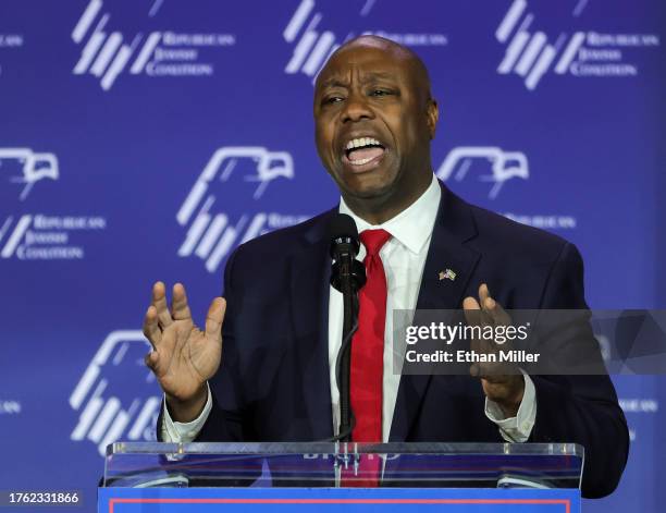 Republican presidential candidate U.S. Sen. Tim Scott speaks during the Republican Jewish Coalition's Annual Leadership Summit at The Venetian Resort...