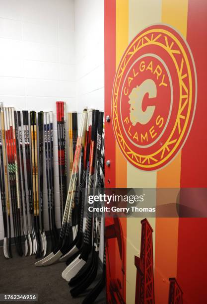 Detailed view is seen of the Calgary Flames logo on a wall at Commonwealth Stadium on October 28, 2023 in Edmonton, Alberta.