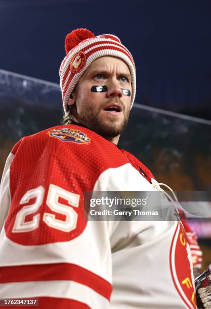 Goaltender Jacob Markstrom of the Calgary Flames looks on before a team photo before practice at Commonwealth Stadium on October 28, 2023 in...