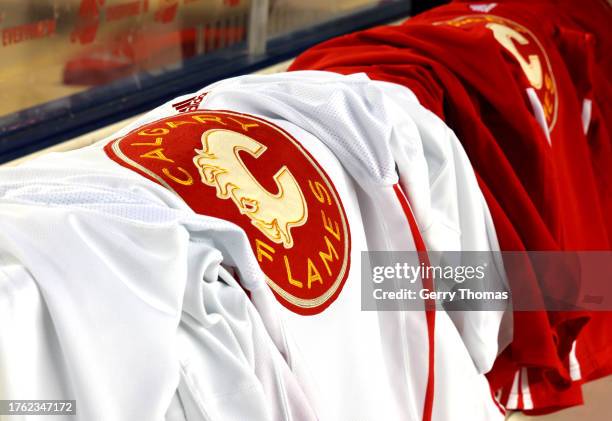 General view is seen of the Calgary Flames logo on a jersey at Commonwealth Stadium on October 28, 2023 in Edmonton, Alberta.