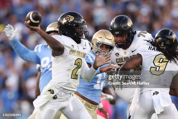 Shedeur Sanders of the Colorado Buffaloes passes the ball during the first half of a game against the UCLA Bruins at Rose Bowl Stadium on October 28,...