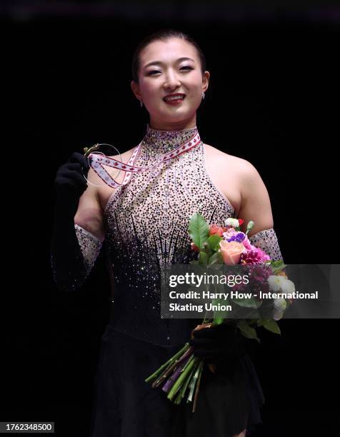 Kaori Sakamoto of Japan poses with the gold medal after the Women Free Skating during the ISU Grand Prix of Figure Skating - Skate Canada...