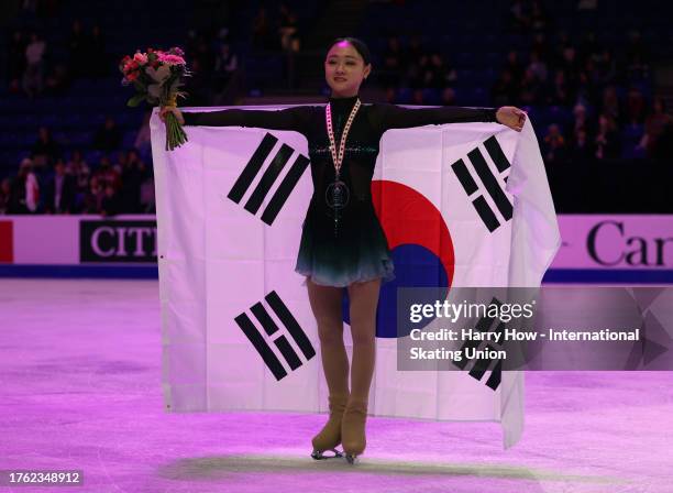 Chaeyeon Kim of South Korea poses with the silver medal and flag after the Women Free Skating during the ISU Grand Prix of Figure Skating - Skate...